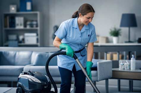 Operatore con mop in un ufficio moderno e luminoso